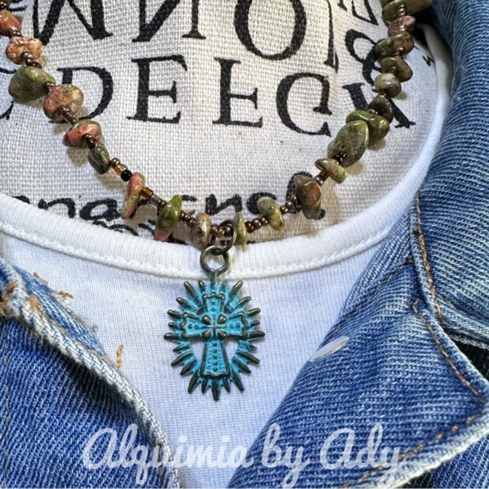 Olive Green Unakite Stone short Necklace + Blue patina cross + boho